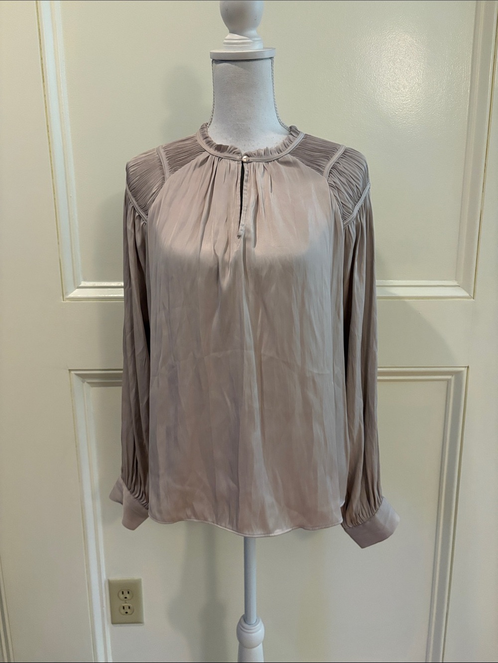 Rachel Zoe Blush Taupe Pleated-Yoke Long Sleeve Blouse